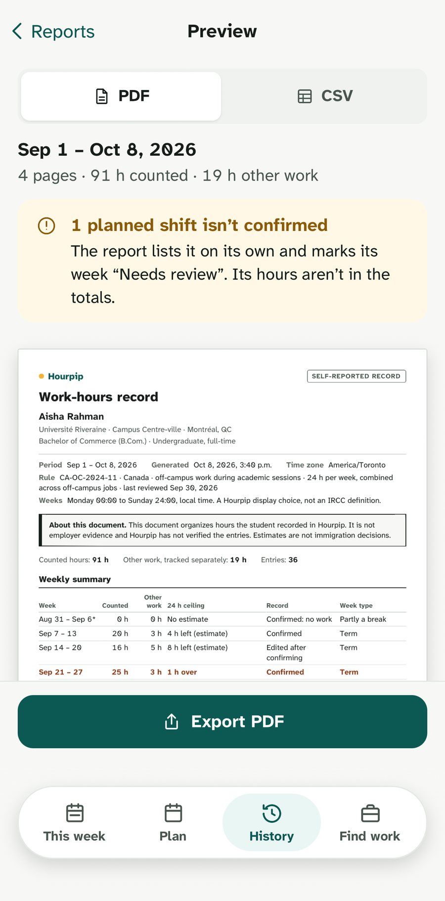 Aperçu d’un rapport PDF des heures de travail